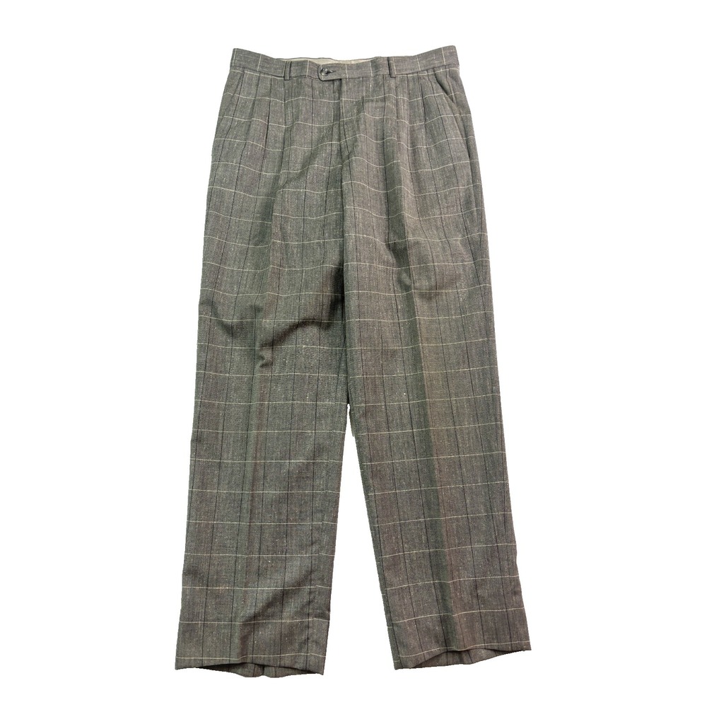 vtg Gray Windowpane 36x33 Silk Wool Made‎ in Italy Dress Pants Pleated Slubbed